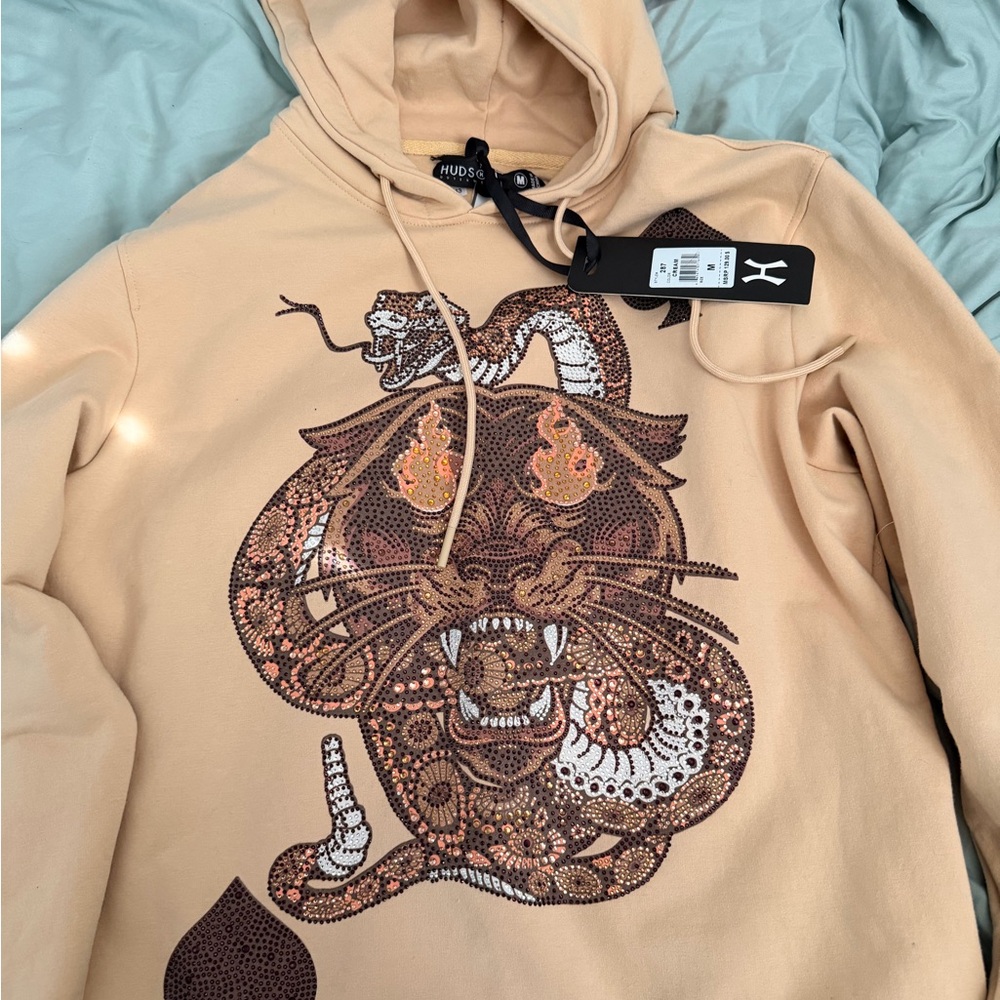 Hudson Outerwear Rhinestone Graphic Hoodie NWT Size M Cream MSRP $129